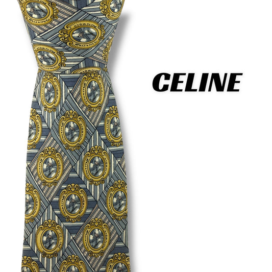 【7861】美品ー良品！セリーヌ　ネクタイ　水色系　スキー柄