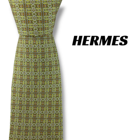 【7889】良品ー可品！エルメス　ネクタイ　黄緑系