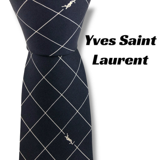 【7924】良品！サンローラン　ネクタイ　ネイビー系　YSL柄