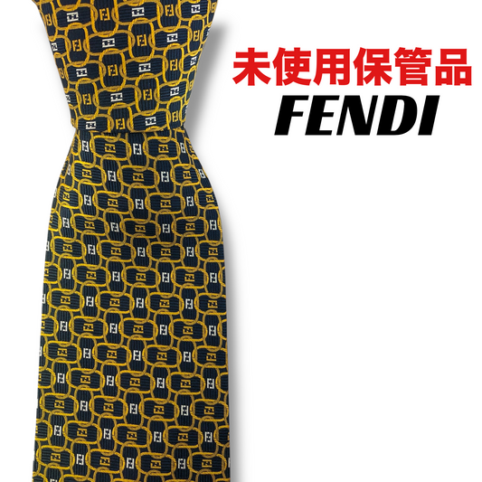 【7929】未使用保管品　フェンディ　ネクタイ　黄×紺系　FF柄