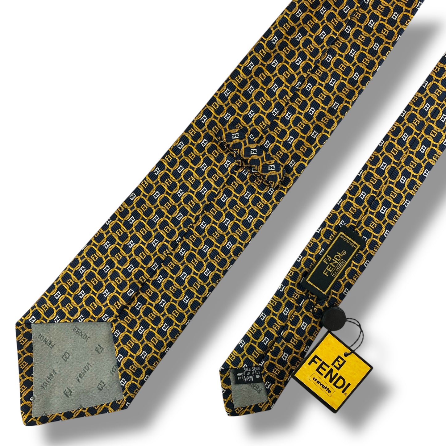 【7929】未使用保管品　フェンディ　ネクタイ　黄×紺系　FF柄