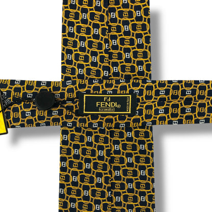 【7929】未使用保管品　フェンディ　ネクタイ　黄×紺系　FF柄