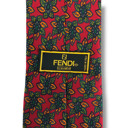【8228】良品！フェンディ　ネクタイ　レッド系　葉っぱ柄