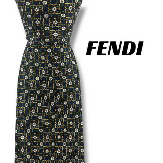 【8264】良品！フェンディ　ネクタイ　ダークネイビー系　花柄