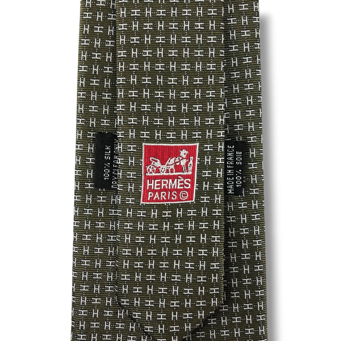 【8340】良品！エルメス　ネクタイ　ダークカーキ系　ファソネ　H柄