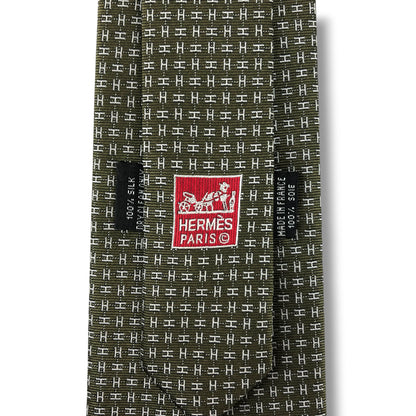 【8340】良品！エルメス　ネクタイ　ダークカーキ系　ファソネ　H柄