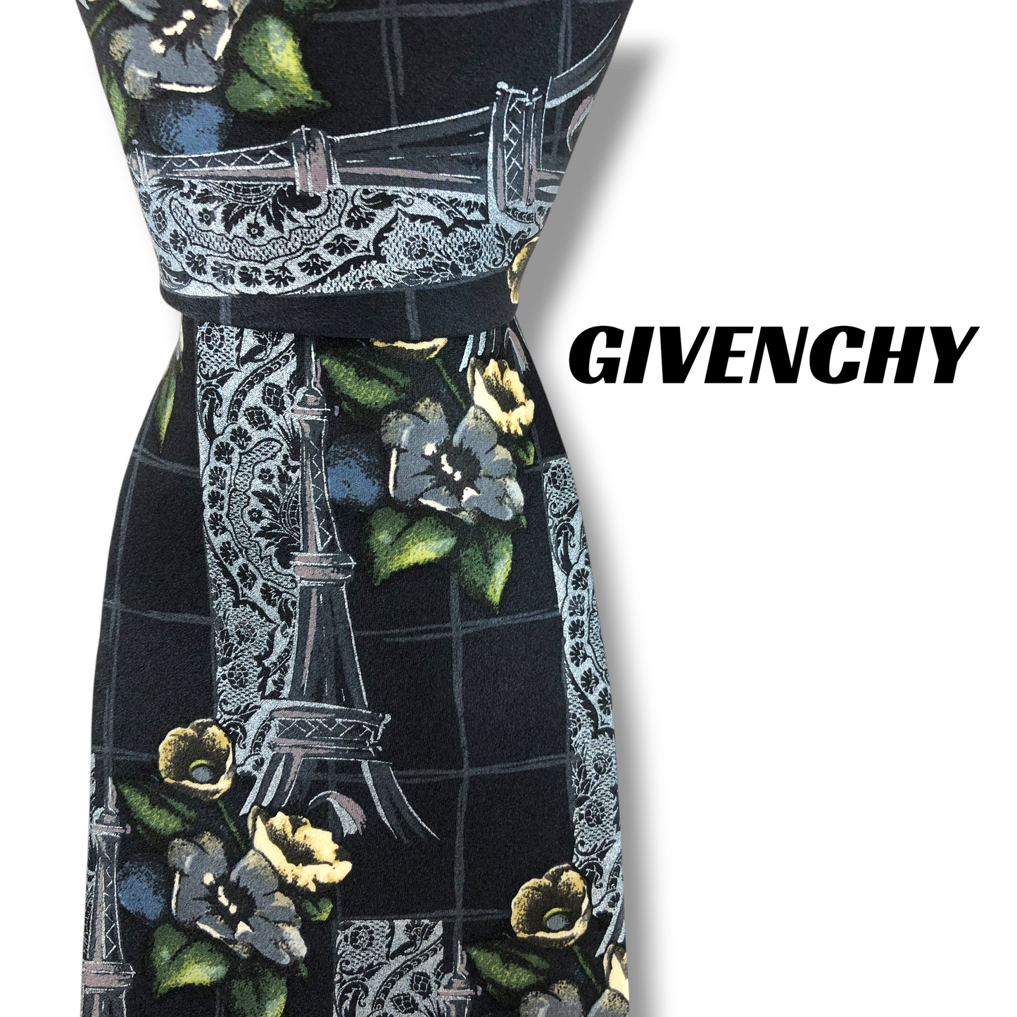 【8369】美品！ジバンシー　ネクタイ　ダークネイビー系　花柄