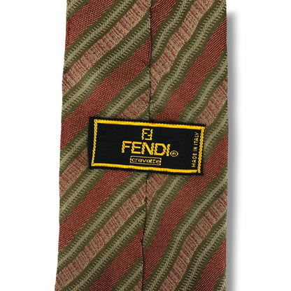 【8395】美品！フェンディ　ネクタイ　朱色系×カーキ系　ストライプ柄