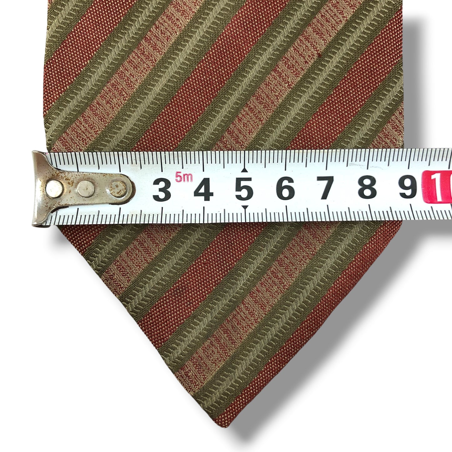 【8395】美品！フェンディ　ネクタイ　朱色系×カーキ系　ストライプ柄