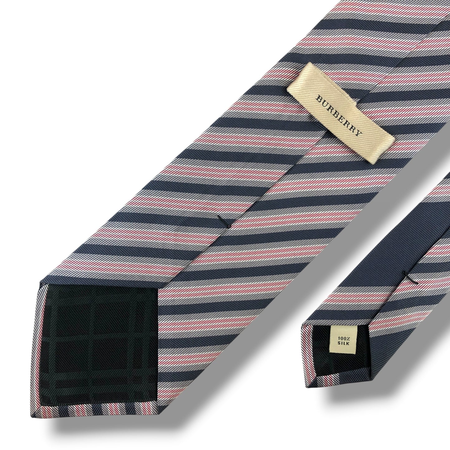 【8401】美品！バーバリー　ネクタイ　グレー系×ピンク系　ボーダー柄