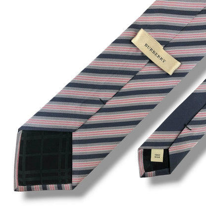 【8401】美品！バーバリー　ネクタイ　グレー系×ピンク系　ボーダー柄