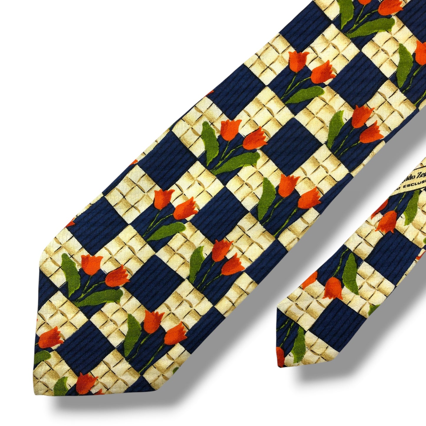 【8415】良品！エルメネジルドゼニア　ネクタイ　ネイビー系　花柄