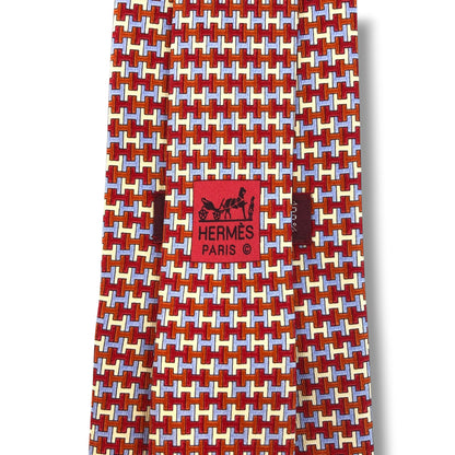 【8457】美品！エルメス　ネクタイ　レッド系　H柄