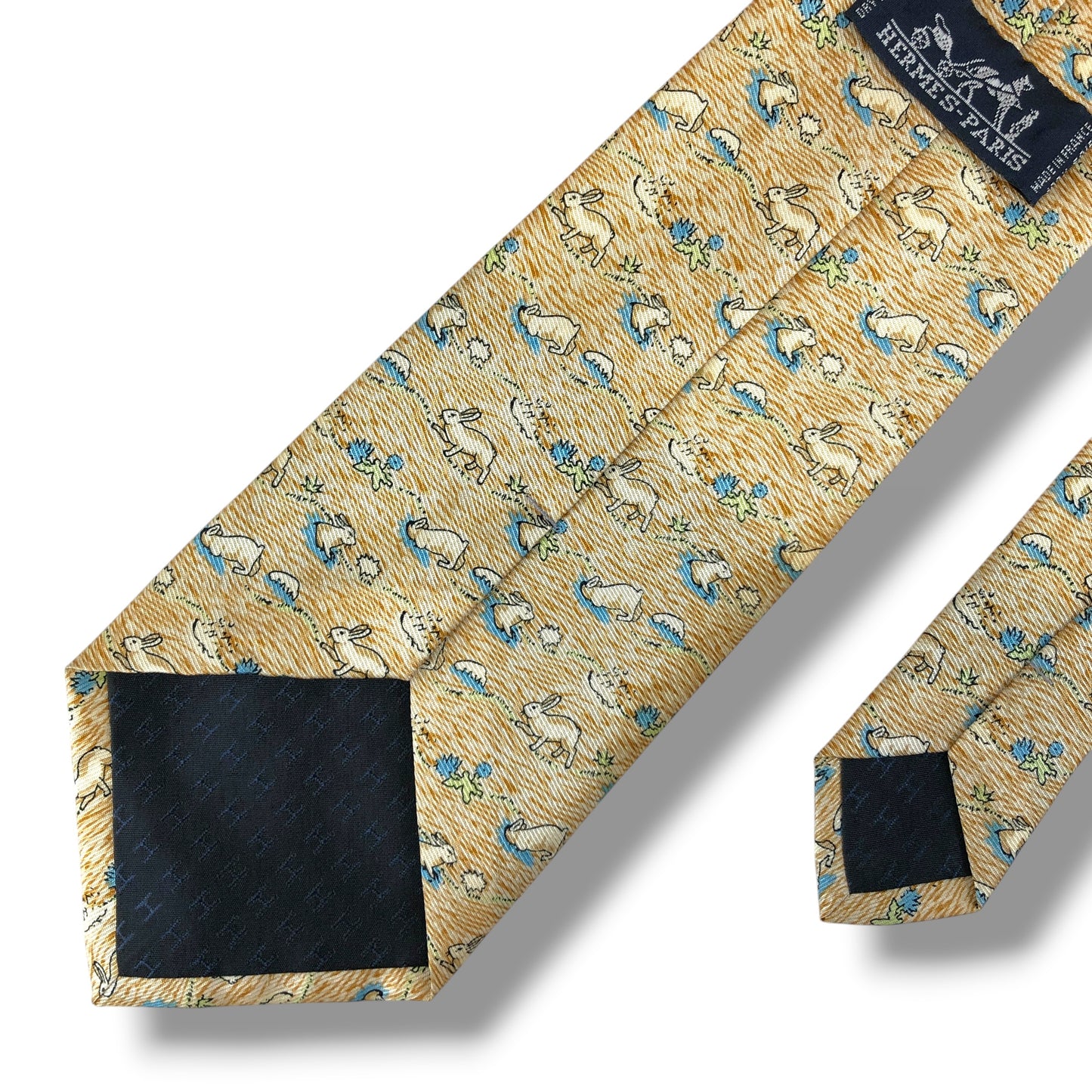【8484】可品！エルメス　ネクタイ　ブラウン系　ウサギ柄