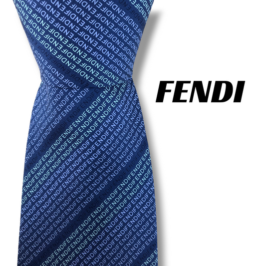 【8494】美品！フェンディ　ネクタイ　ブルー系　ロゴ柄