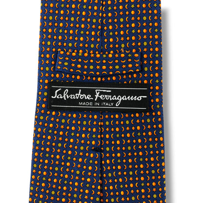 【8506】美品！フェラガモ　ネクタイ　ブルー×オレンジ系 月柄