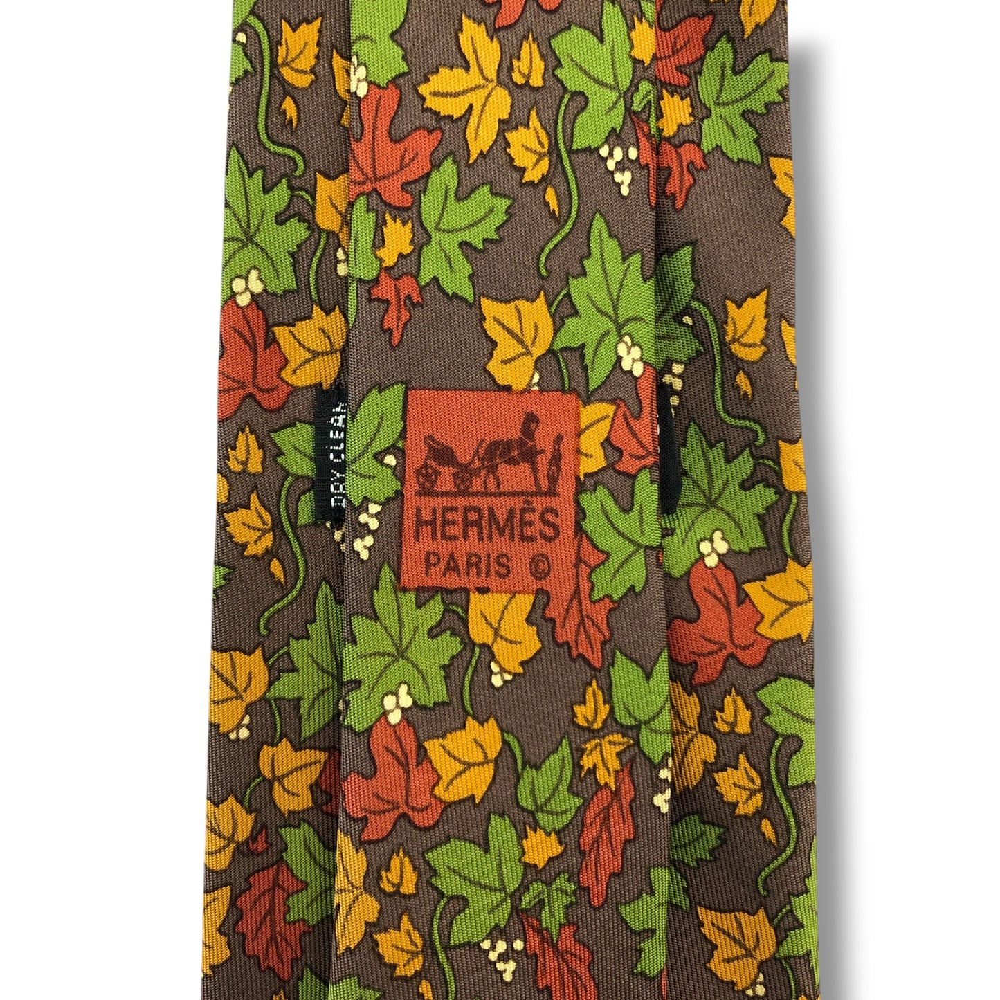 【8645】良品！エルメス　ネクタイ　ブラウン系×グリーン系　植物柄