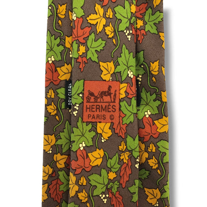 【8645】良品！エルメス　ネクタイ　ブラウン系×グリーン系　植物柄