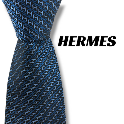 【8856】美品！エルメス　ネクタイ　ブルー系　H柄