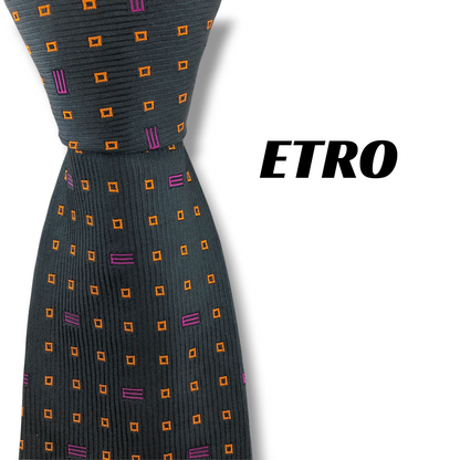 【8865】良品！エトロ　ネクタイ　ブラック系×オレンジ系　E柄