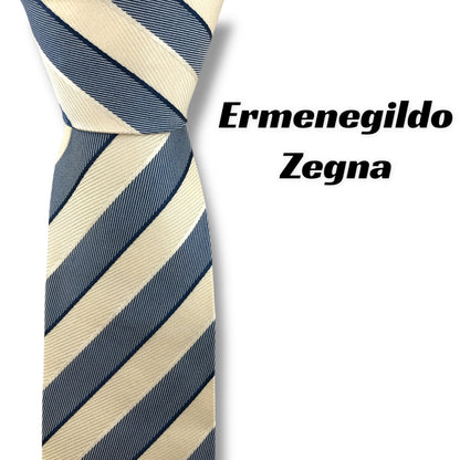 【7805】良品！エルメネジルドゼニア　ネクタイ　青×クリーム色系