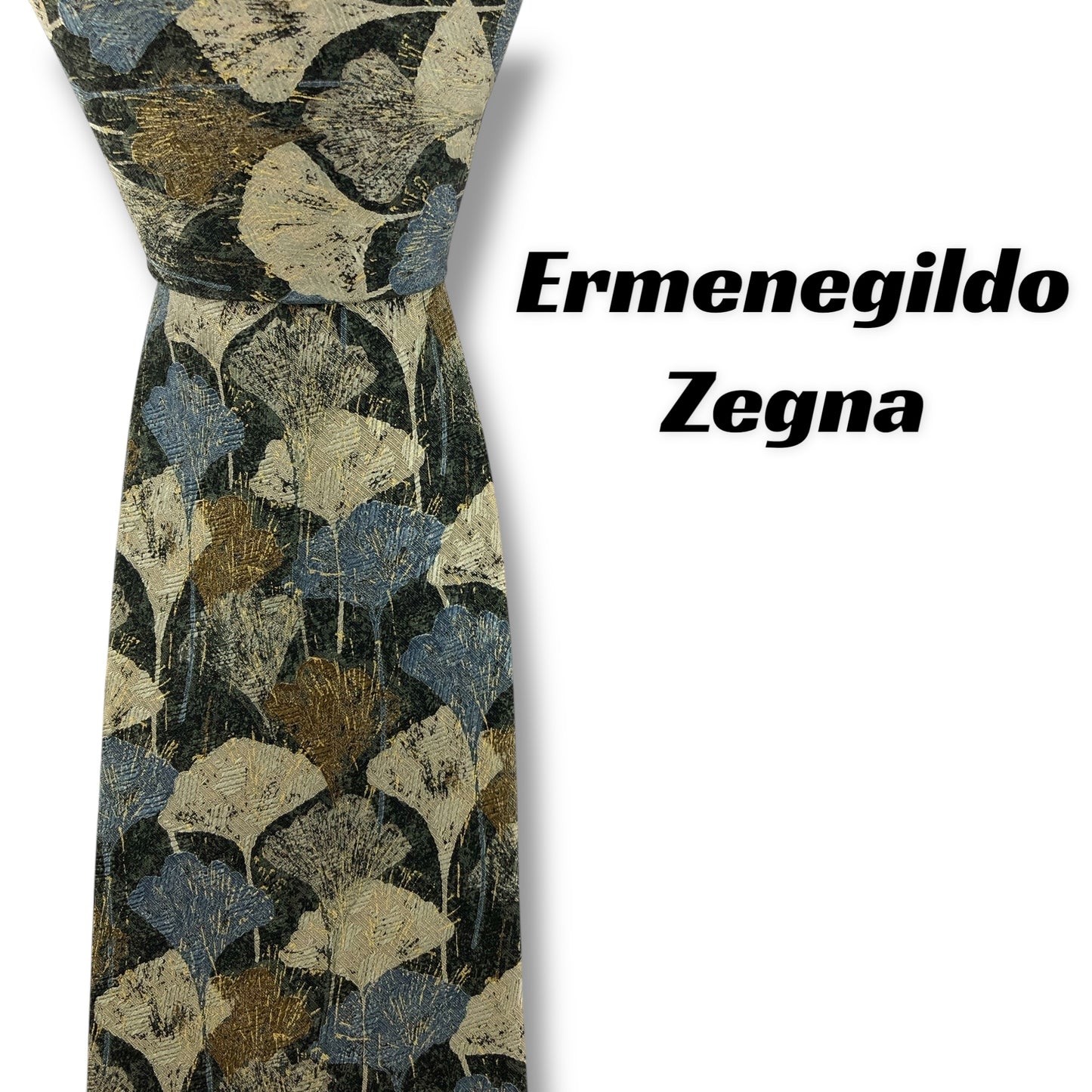 【7806】美品！エルメネジルドゼニア　ネクタイ　グリーン系　イチョウ柄