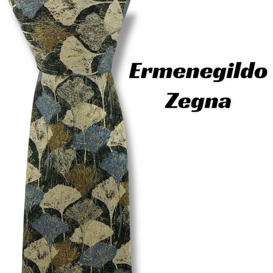 【7806】美品！エルメネジルドゼニア　ネクタイ　グリーン系　イチョウ柄