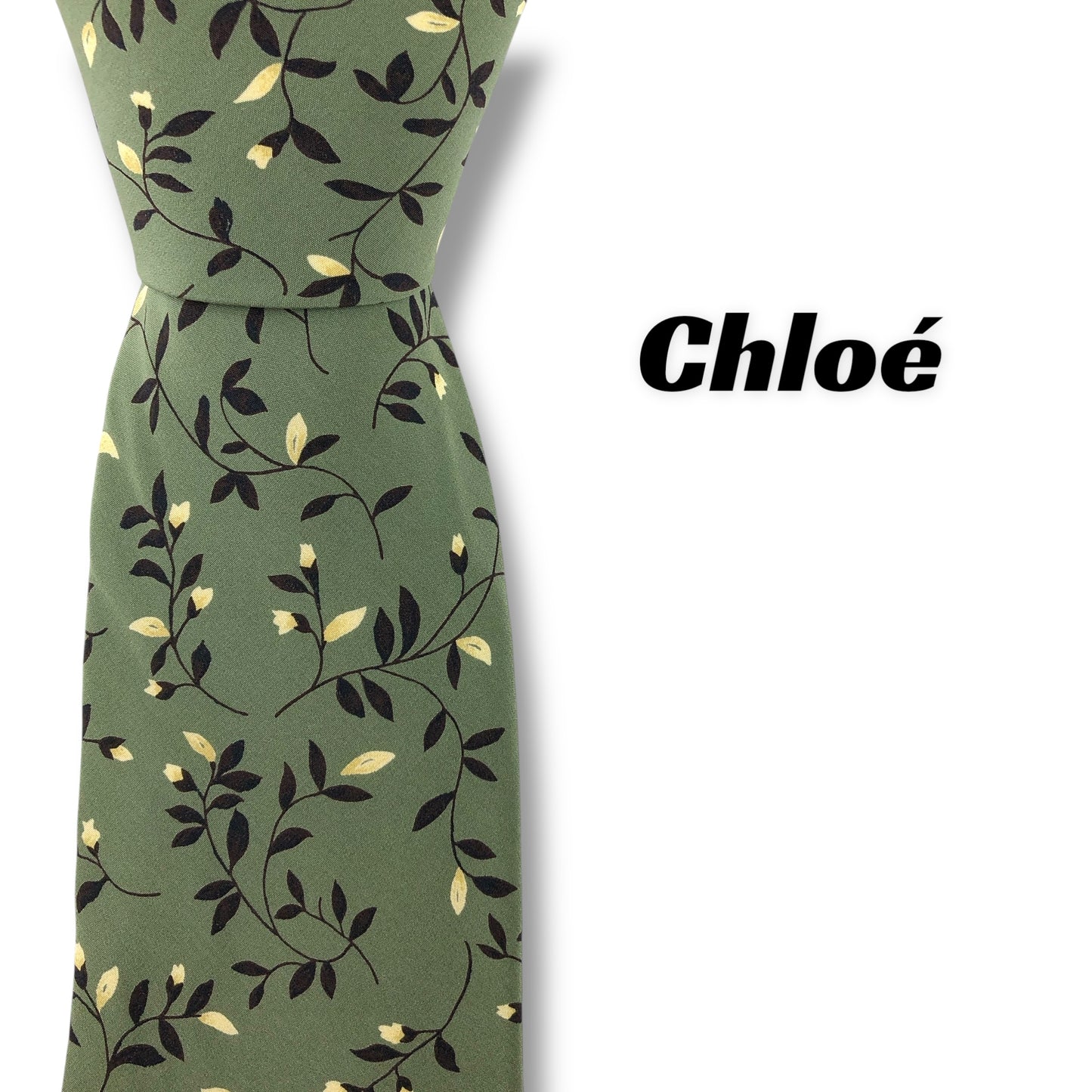 【7815】美品ー良品！クロエ　ネクタイ　グリーン系　葉柄