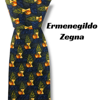 【7821】美品！エルメネジルドゼニア　ネクタイ　ブルー系　トマト柄