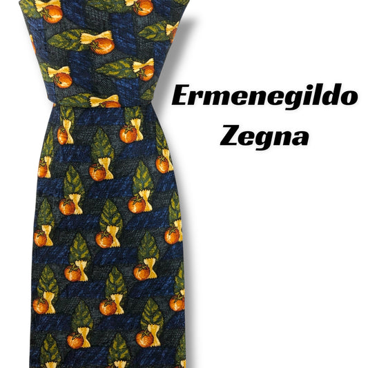 【7821】美品！エルメネジルドゼニア　ネクタイ　ブルー系　トマト柄