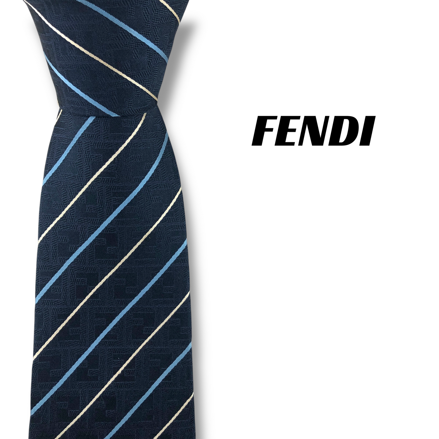 【8041】美品！フェンディ　ネクタイ　ブルー系　ストライプ柄　FF柄