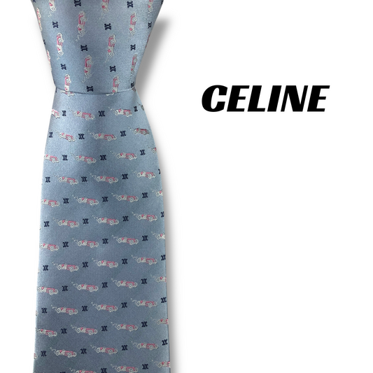 【8070】美品！セリーヌ　ネクタイ　水色系　マカダム柄