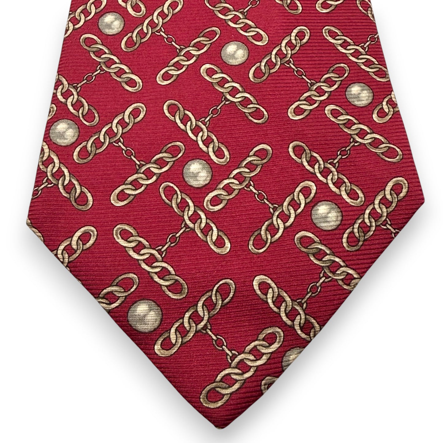 【7672】良品！シャネル　ネクタイ　レッド系　真珠柄　ゴールドチェーン