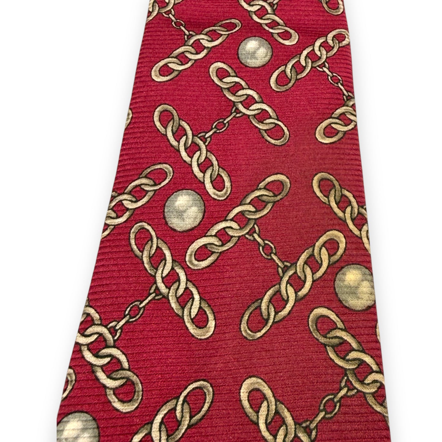 【7672】良品！シャネル　ネクタイ　レッド系　真珠柄　ゴールドチェーン
