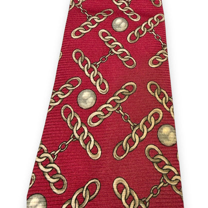 【7672】良品！シャネル　ネクタイ　レッド系　真珠柄　ゴールドチェーン