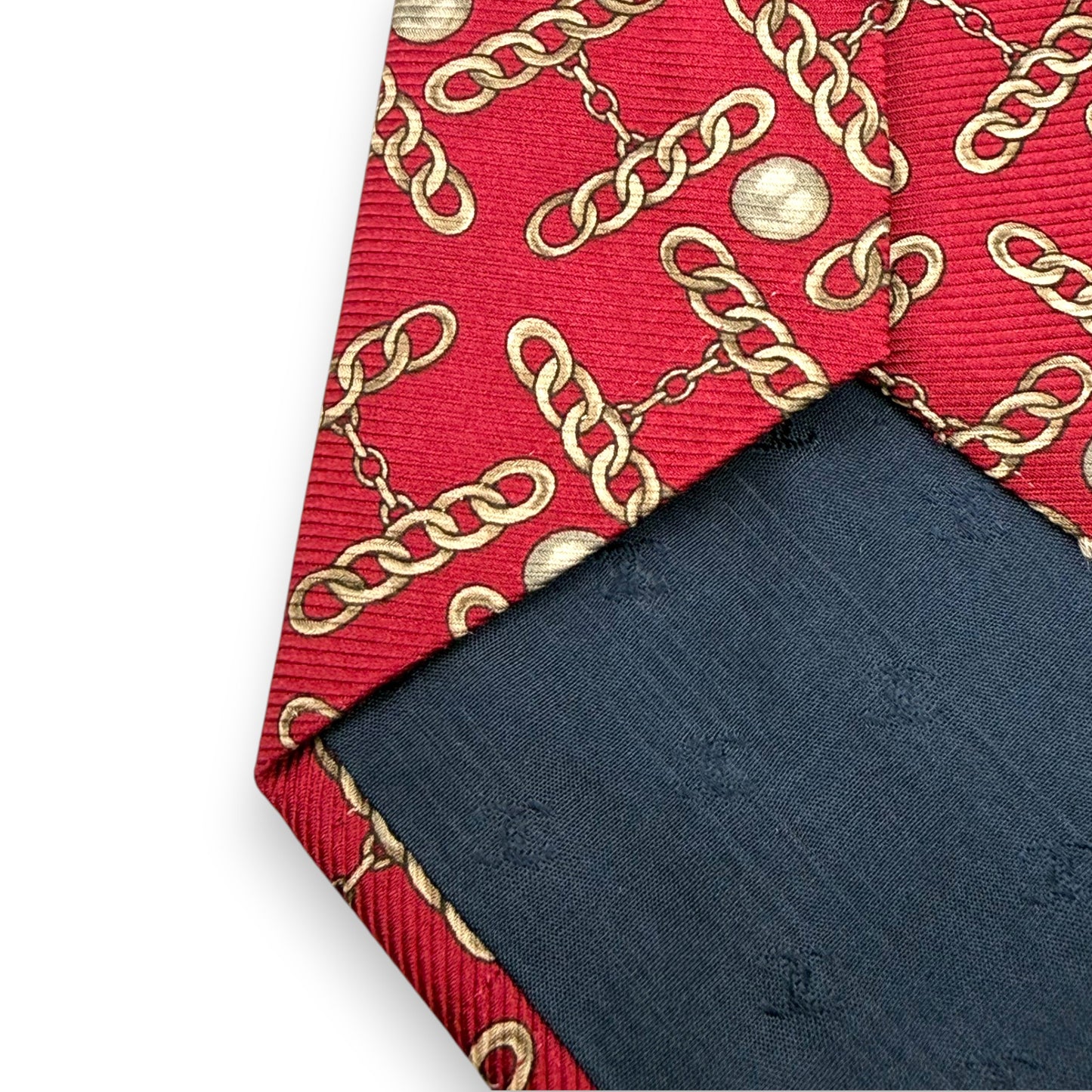 【7672】良品！シャネル　ネクタイ　レッド系　真珠柄　ゴールドチェーン