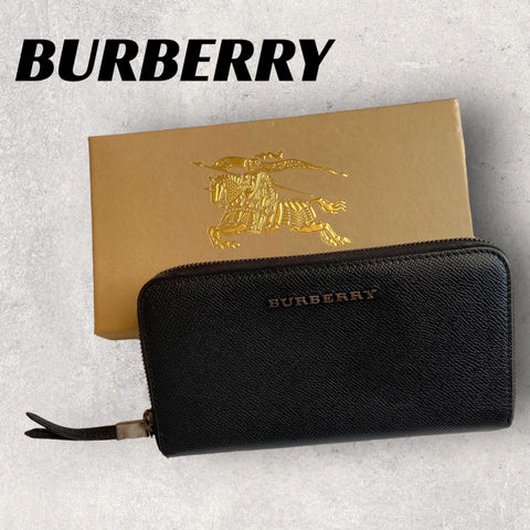 【美品】BURBERRY　長財布　ブラック　レザー　ラウンドジップ　現行ロゴ