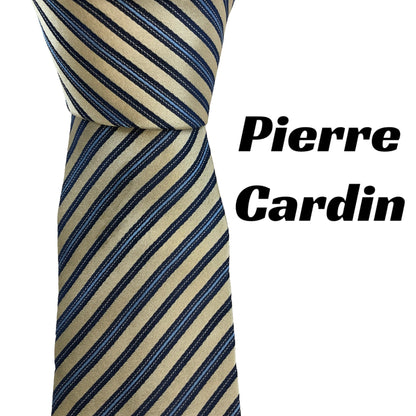 [6141] Good quality! Pierre Cardin tie, cream color x blue stripes 