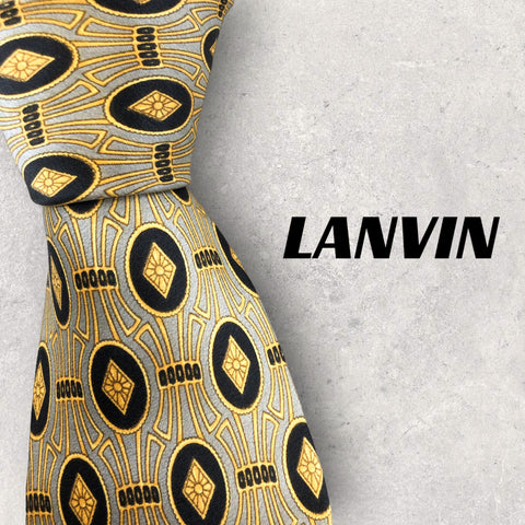 【3092】良品ー可品！LANVIN ランバン　ネクタイ　イエロー×グレー系.