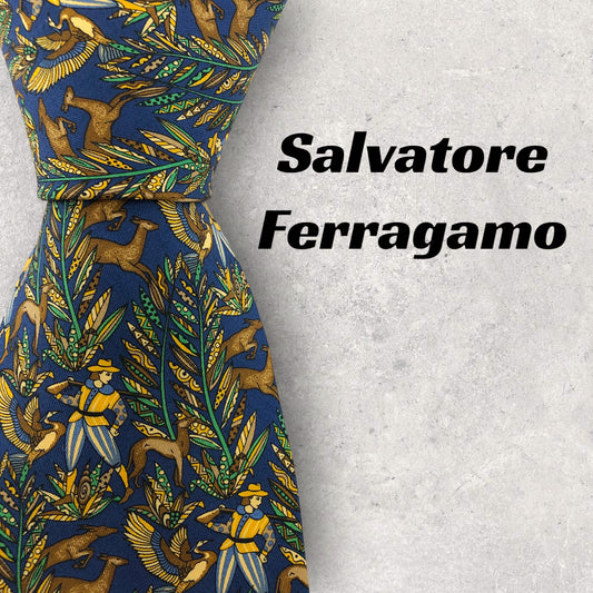 [5625] Beautiful item! Ferragamo tie, blue, animal print 