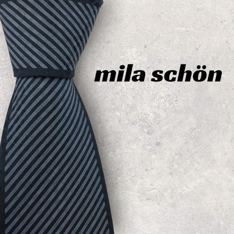 【5636】美品！mila schön　ミラショーン　ネクタイ　ネイビー系　ストライプ