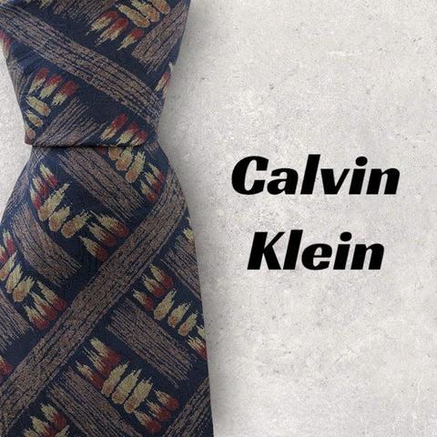 【4989】良品！Calvin Klein ネクタイ　ネイビー系　総柄