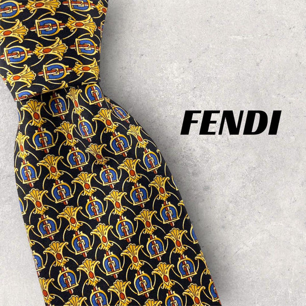 【5024】良品！FENDI フェンディ　ネクタイ　総柄　ブラックベース