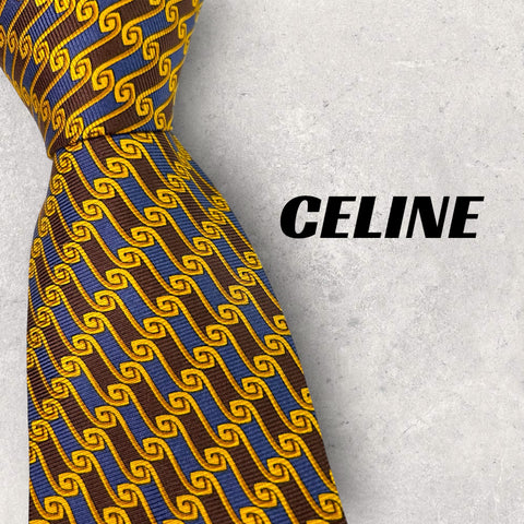 【5825】美品！CELINE　ネクタイ　イエロー×ブルー系