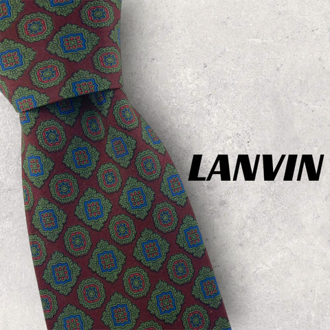 【良品】LANVIN ネクタイ　ボルドー×グリーン系