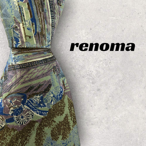 【5565】美品！renoma　ネクタイ　ミントグリーン系　街並み柄